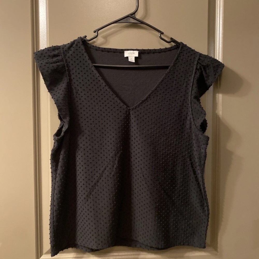 J.Crew Womens Flutter Cap Sleeve Clip-Dot Top Large V-Neck Black Blouse